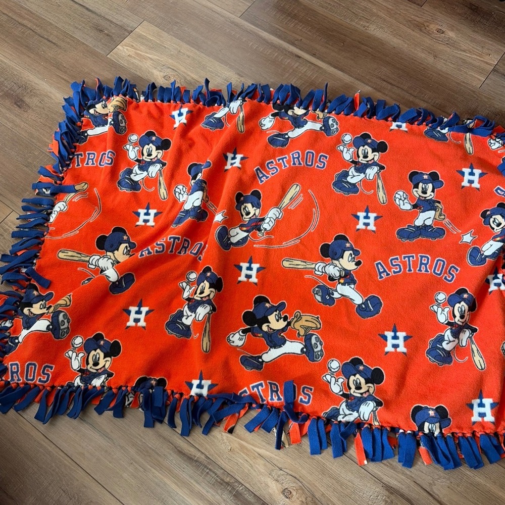 Handmade Mickey Mouse Astros Baseball Double Thick Fleece Tie Blanket Fringe
